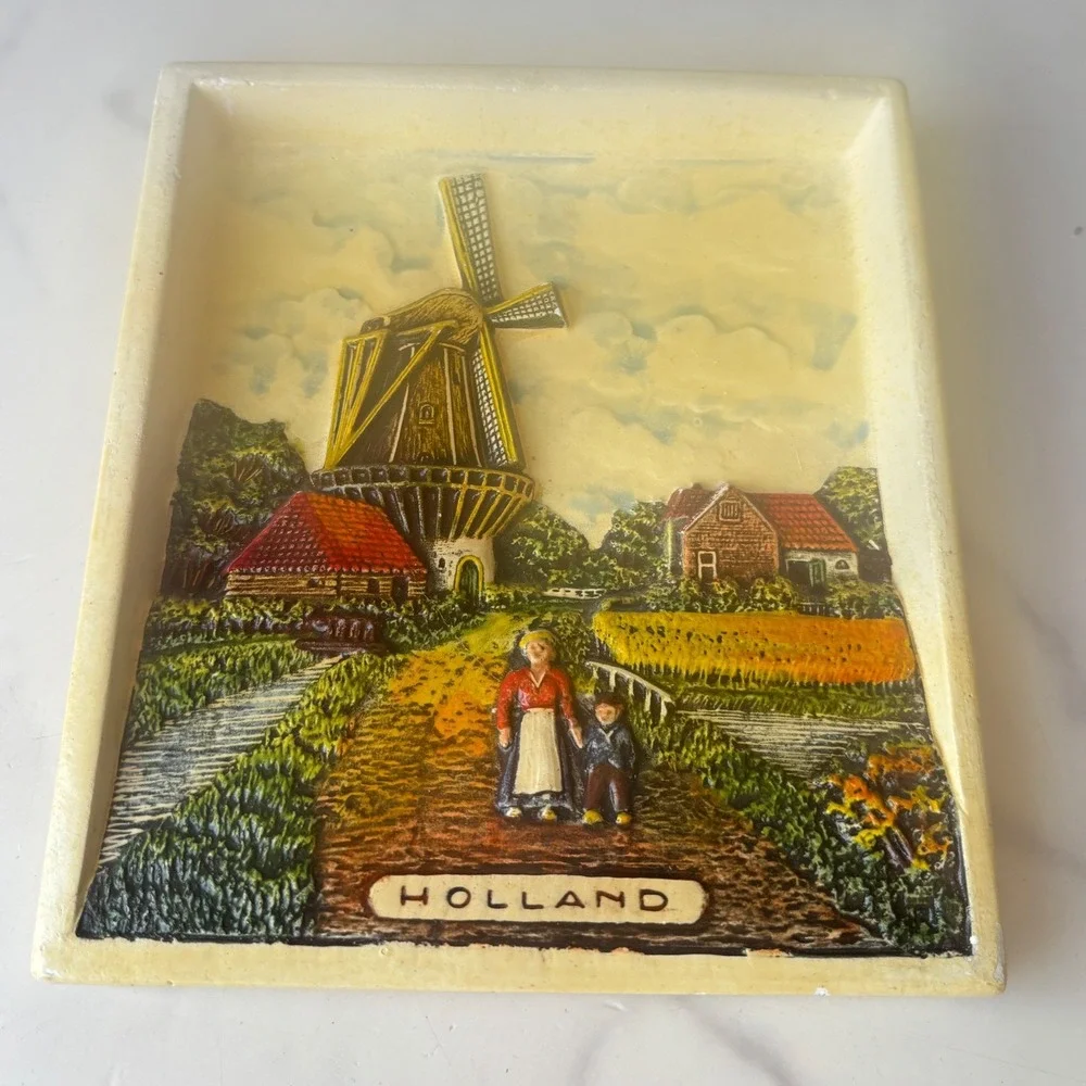 Vintage Holland 3D Relief Wall Plaque Windmill Dutch Landscape Decor Plaster